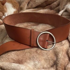American Eagle Outfitters Wide Tan 2.5”Leather Belt with Round Metal Buckle S